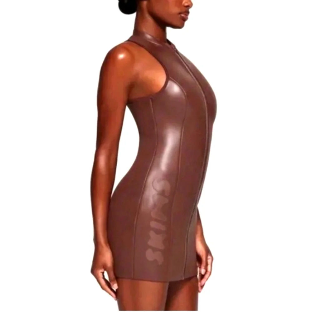 NWT Skims Rubberized Scuba Swim Moxk Neck Dress Full Zip Cocoa XXS